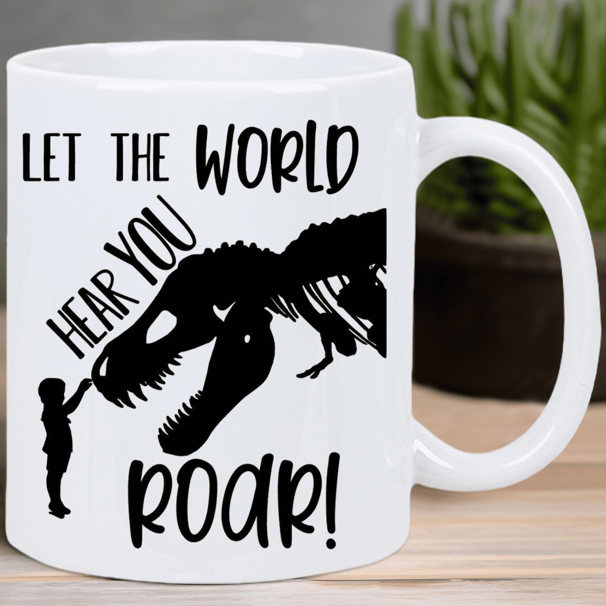Tailorly White Ceramic 11 oz Mug - Let The World Hear You Roar Majestic Prehistoric Skeleton Silhouette Interacting With A Small Child Dinosaur