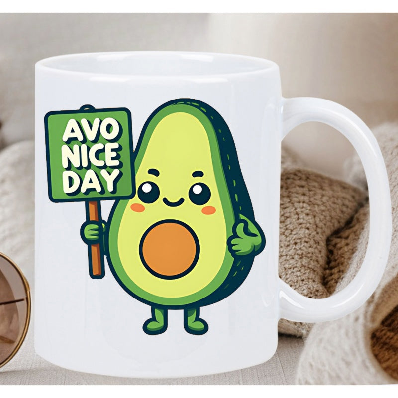 Tailorly White Ceramic 11 oz Mug - Avo Nice Day Smiling Cartoon Fruit Character Holding A Green Sign With Expression Avocado