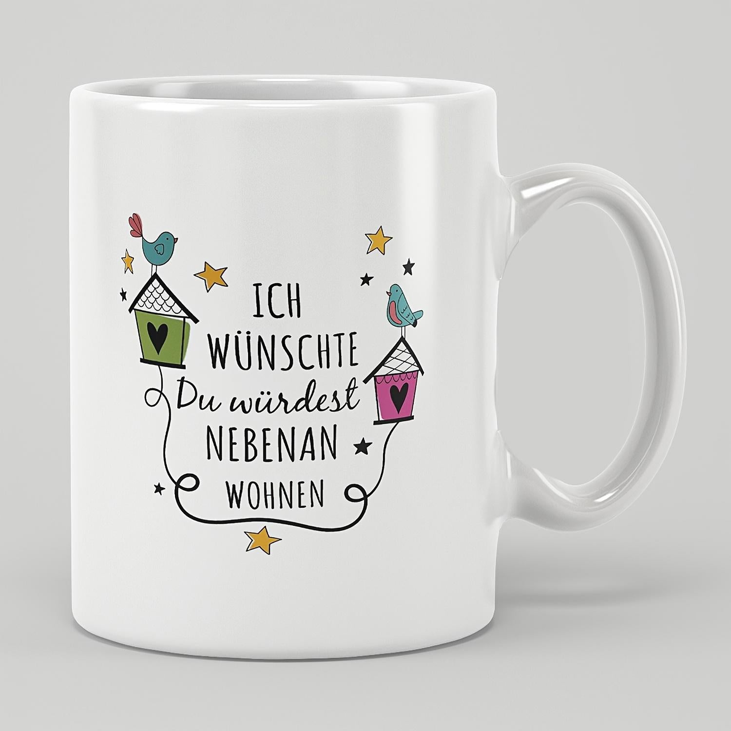 Tailorly White Ceramic 11 oz Mug - Sweet Little Birds On Colorful Houses Under Twinkling Stars Birdhouse