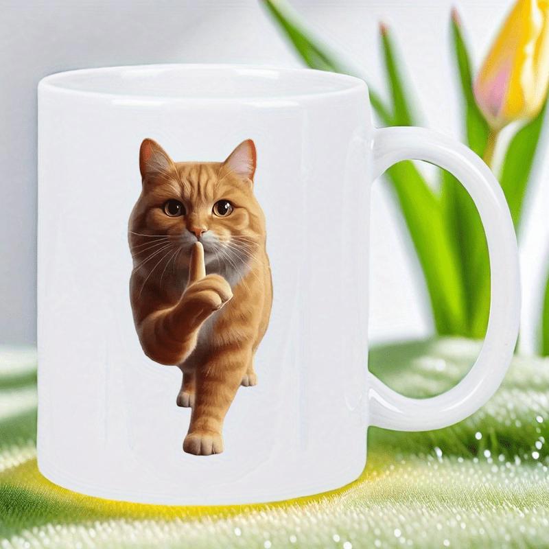 Tailorly White Ceramic 11 oz Mug - Charming Orange Tabby Sitting With Paw Making Silent Shushing Gesture Cat