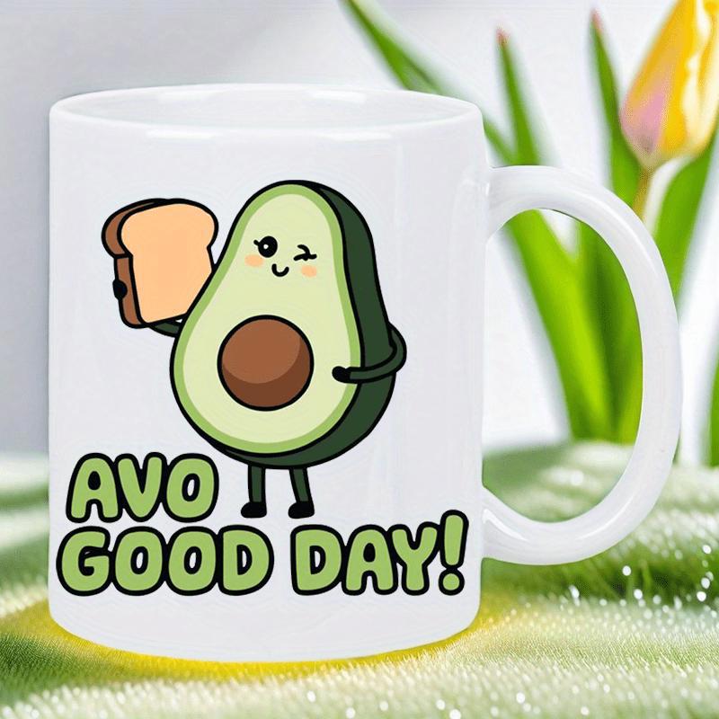 Tailorly White Ceramic 11 oz Mug - Avo Good Day Cheerful Cartoon Character Holding A Slice Of Fresh Bread Avocado