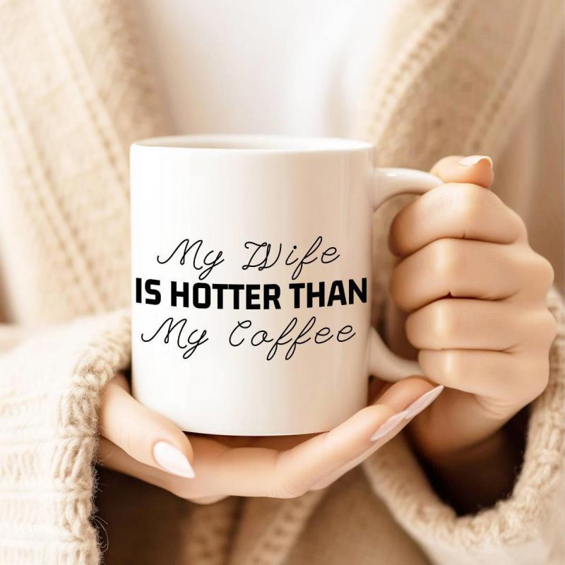 Tailorly White Ceramic 11 oz Mug - My Wife Is Hotter Than My Coffee Minimalist White Ceramic Vessel Held By Gentle Hands In Cozy Sweater Mug