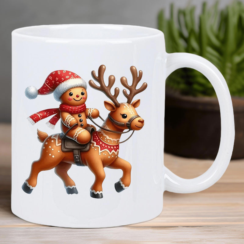 Tailorly White Ceramic 11 oz Mug - Festive Gingerbread Man Wearing Santa Hat Riding A Joyful Christmas Reindeer