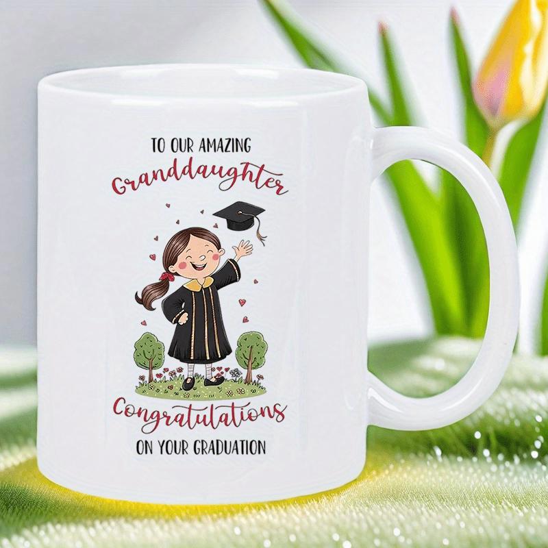 Tailorly White Ceramic 11 oz Mug - To Our Amazing Granddaughter Congratulations On Your Graduation Joyful Young Student Celebrating Graduation While Tossing A
