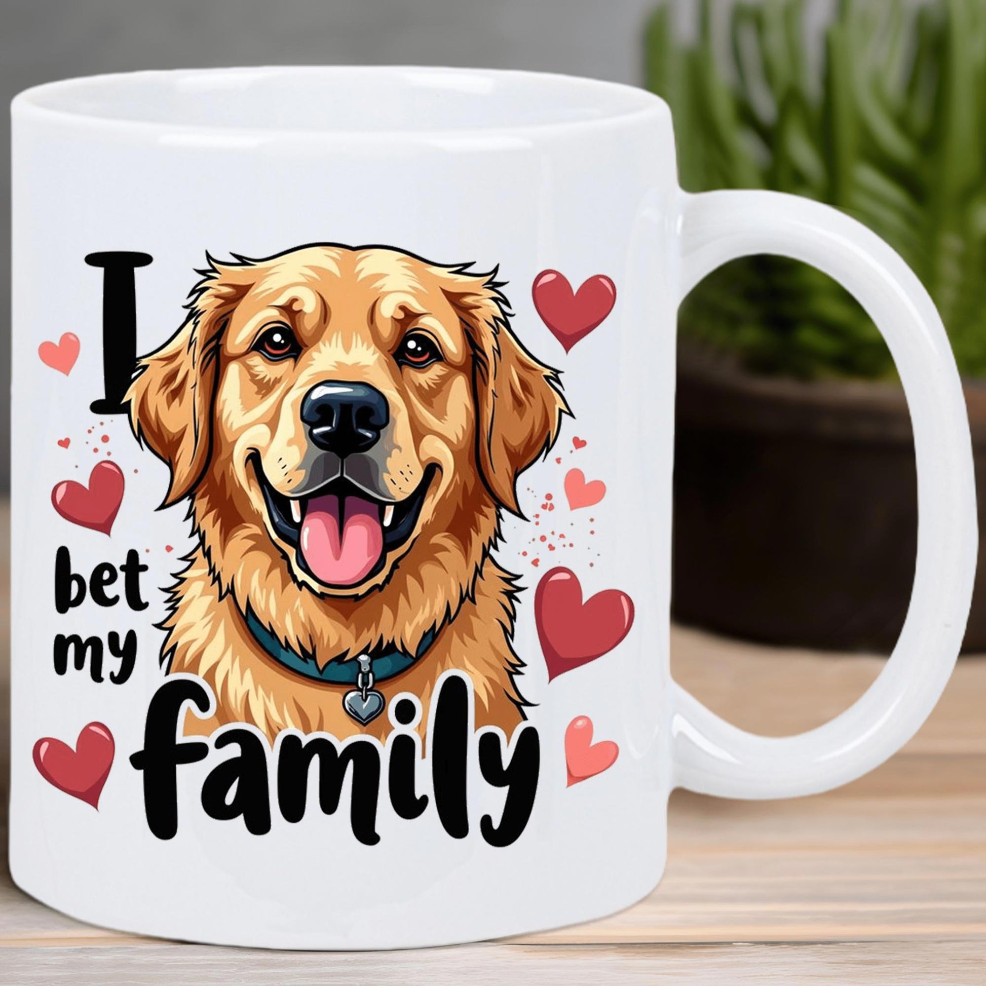 Tailorly White Ceramic 11 oz Mug - I Bet My Family Friendly Golden Retriever Surrounded By Red Hearts Wearing A Small Blue Collar Dog