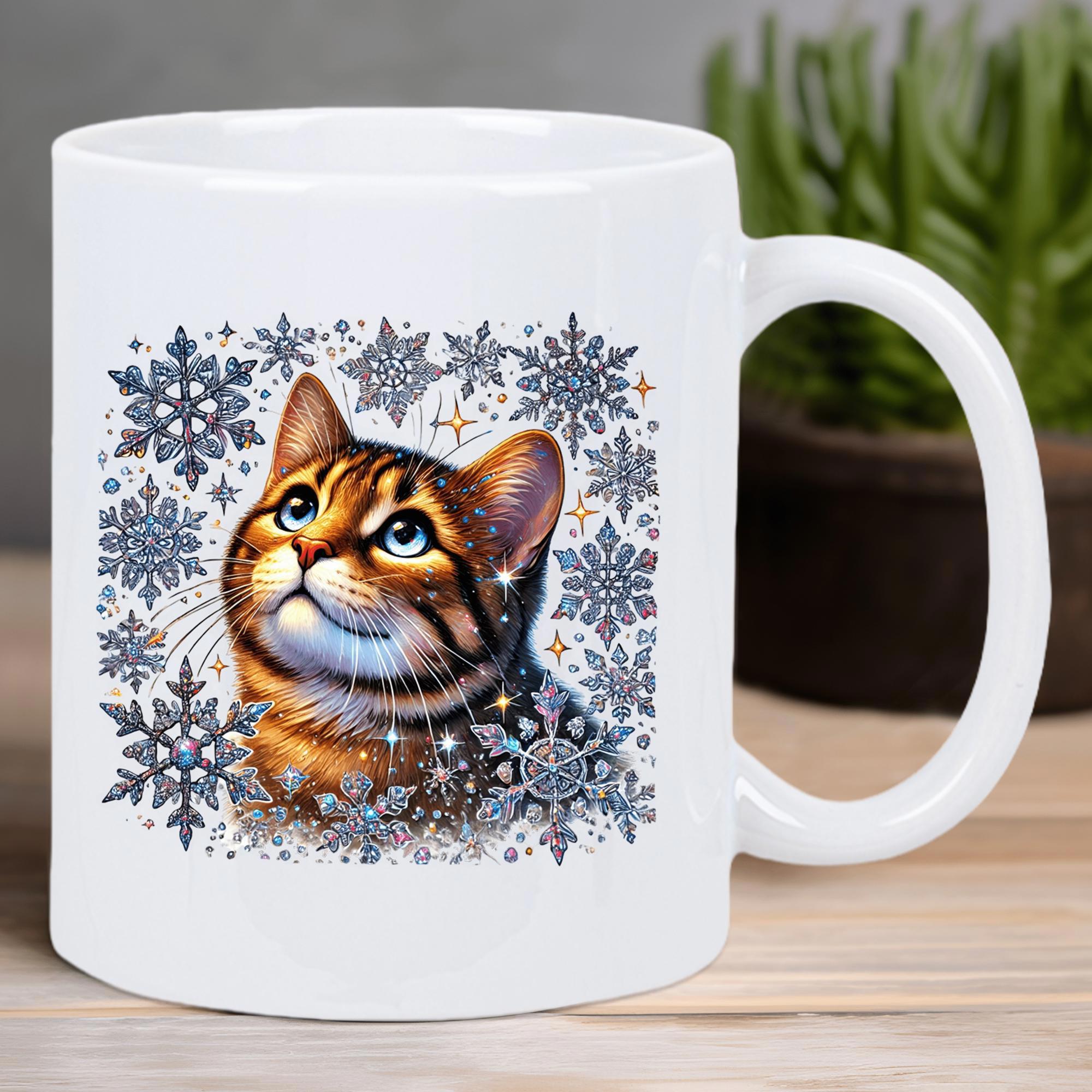 Tailorly White Ceramic 11 oz Mug - Adorable Tabby Looking Upwards Among Delicate Glistening Frozen Winter Snowflakes Cat