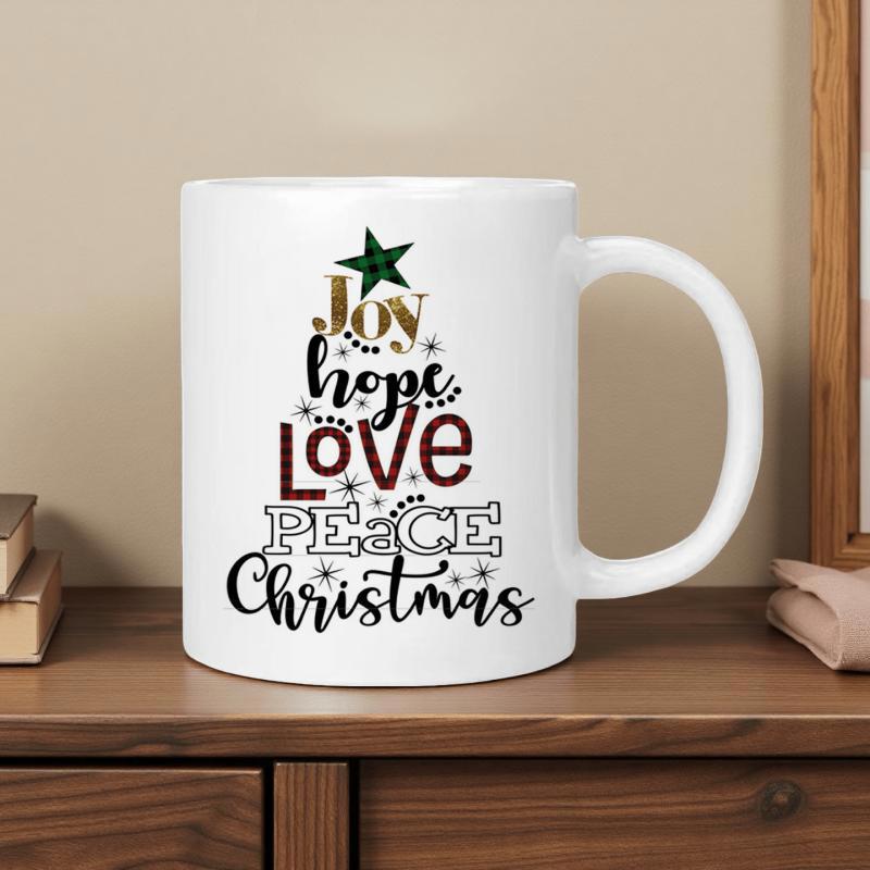 Tailorly White Ceramic 11 oz Mug - Joy Hope Love Peace Christmas Festive Typography Stacked In Conical Shape Topped With Green Star Christmas Tree