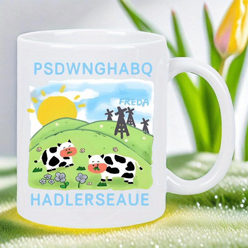 Tailorly White Ceramic 11 oz Mug - Psdwnghabq Hadlerseaue Freda Two Spotted Cows Grazing On Green Hills Under A Bright Yellow Sun Cow