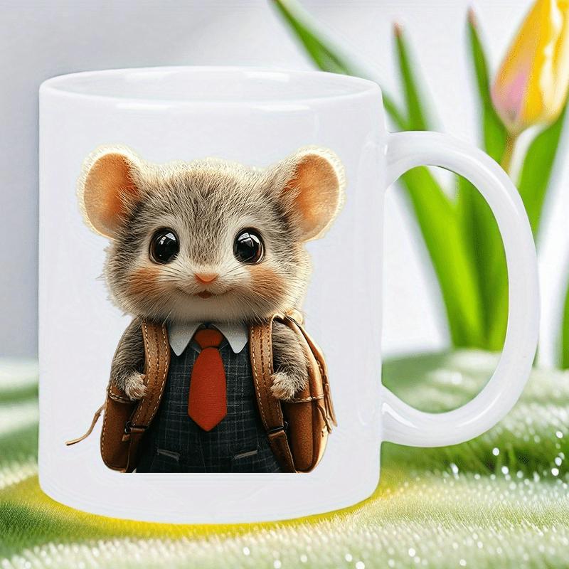 Tailorly White Ceramic 11 oz Mug - Adorable Tiny Student Character Wearing Formal Suit And Red Tie Backpacking Mouse