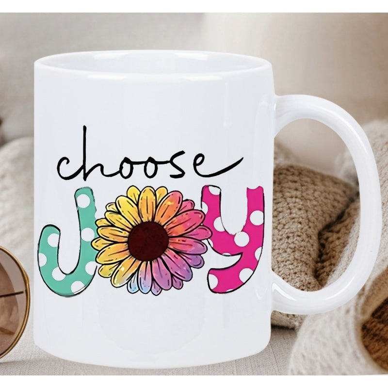 Tailorly White Ceramic 11 oz Mug - Choose Joy Vibrant Multi Colored Sunflower With Polka Dot Patterned Letters Flower