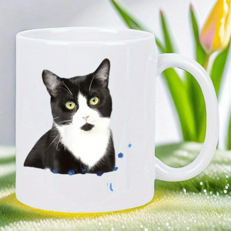 Tailorly White Ceramic 11 oz Mug - Graceful Tuxedo Feline With Bright Yellow Eyes And Blue Accent Splatters Cat