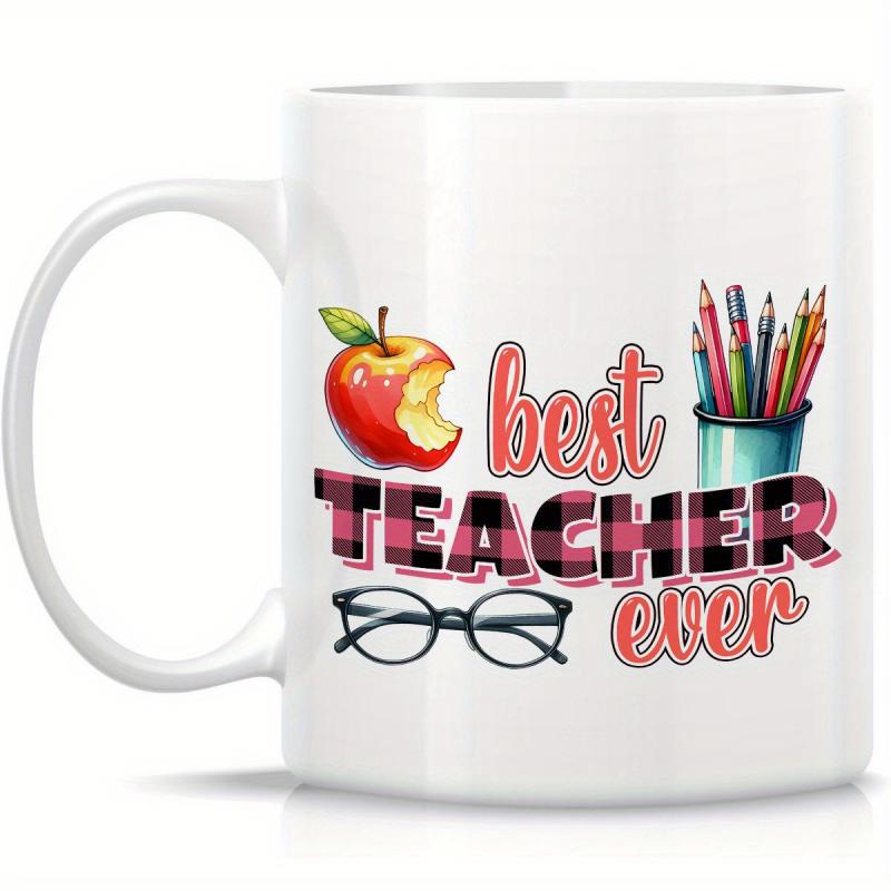 Tailorly White Ceramic 11 oz Mug - Best Teacher Ever Colorful School Supplies With Bitten Apple And Elegant Black Glasses Teacher