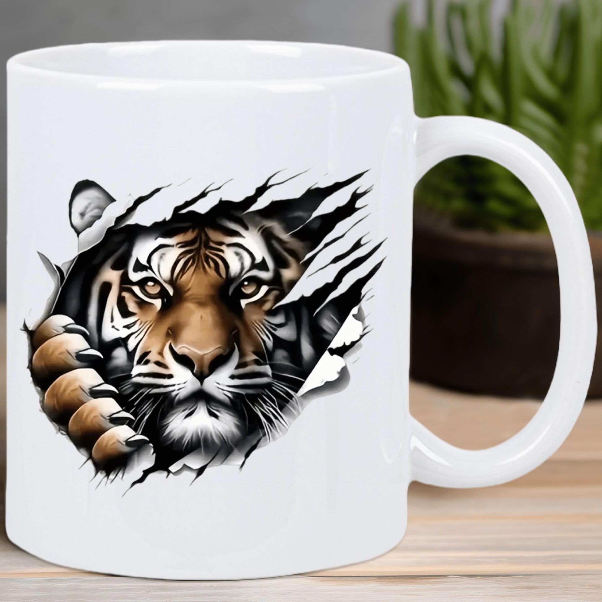 Tailorly White Ceramic 11 oz Mug - Fierce Realistic Tiger Head Ripping Through Surface With Powerful Sharp Claws Tiger