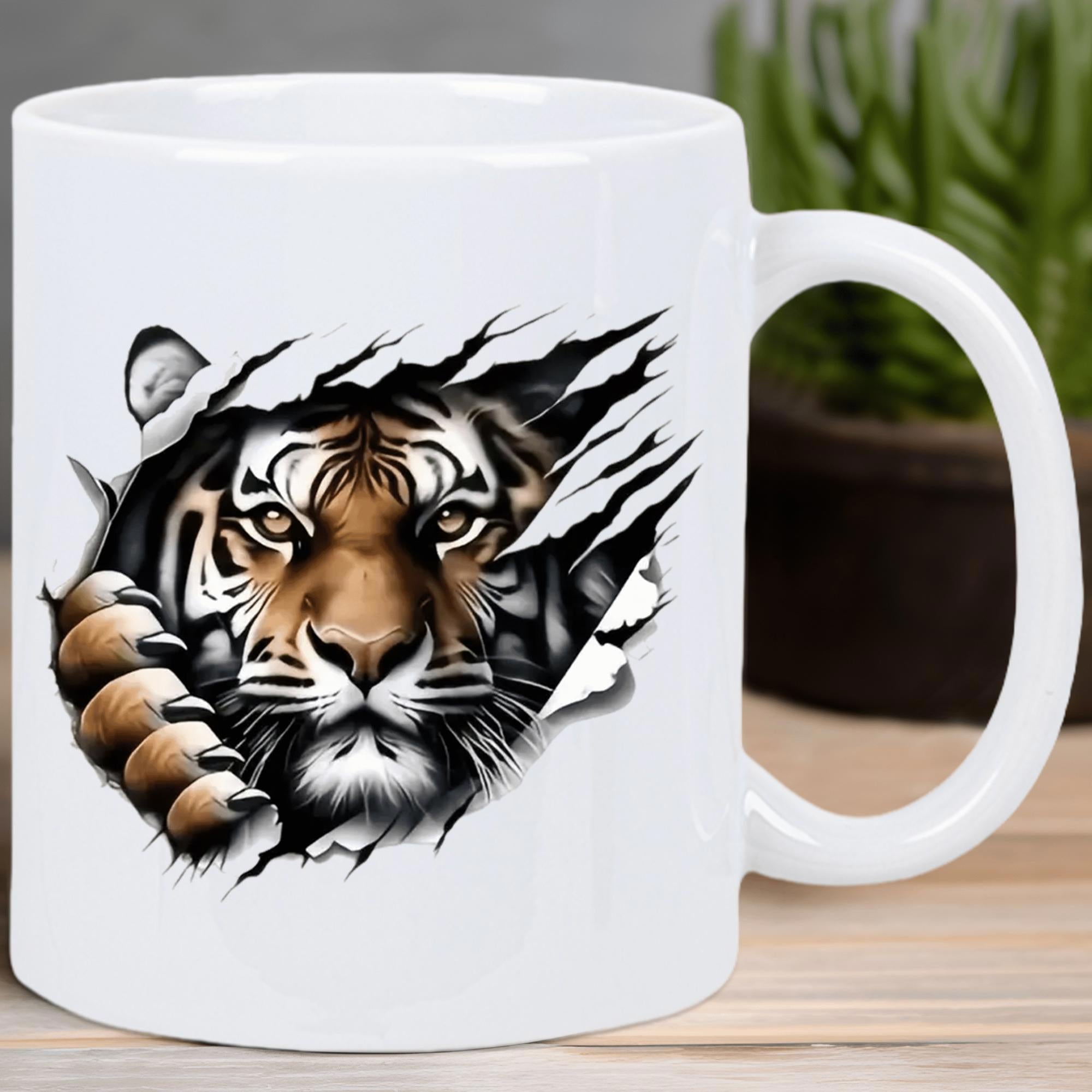 Tailorly White Ceramic 11 oz Mug - Fierce Realistic Tiger Head Ripping Through Surface With Powerful Sharp Claws Tiger