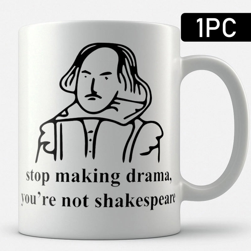 Tailorly White Ceramic 11 oz Mug - Stop Making Drama Youre Not Shakespeare Simple Minimalist Black Line Art Sketch Featuring A Famous Historical Playwright