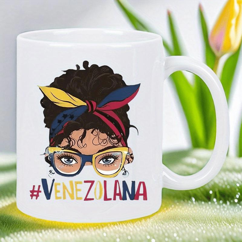 Tailorly White Ceramic 11 oz Mug - Artistic Curly Hair With National Flag Headband And Trendy Glasses Woman