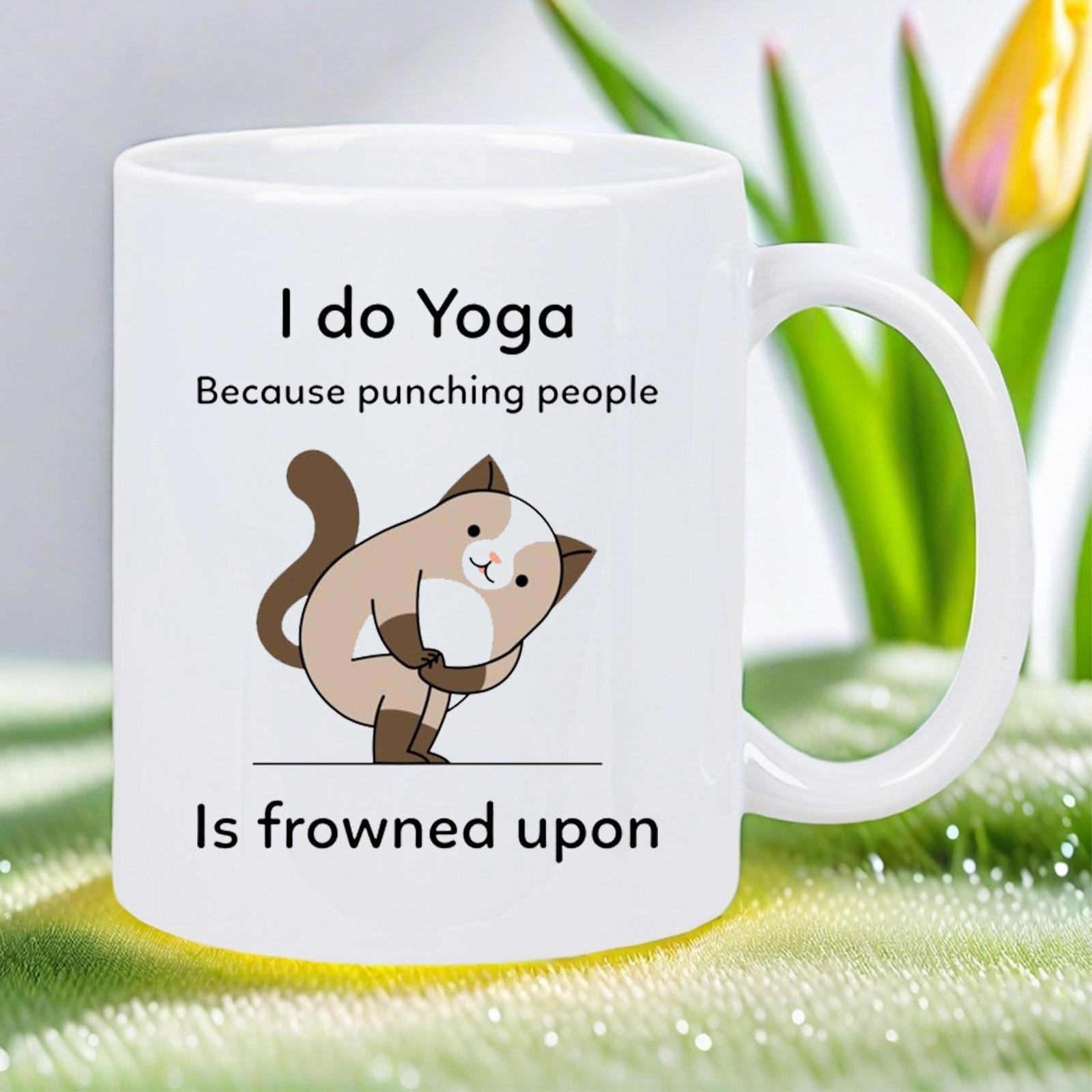 Tailorly White Ceramic 11 oz Mug - I Do Yoga Because Punching People Is Frowned Upon Cartoon Siamese Feline Stretching In Playful Yoga Pose On White Ceramic Cat