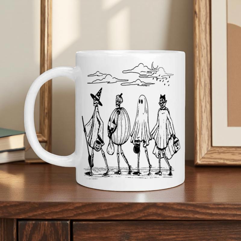 Tailorly White Ceramic 11 oz Mug - Whimsical Spooky Figures Walking Under A Midnight Moon Lit Mountain Halloween