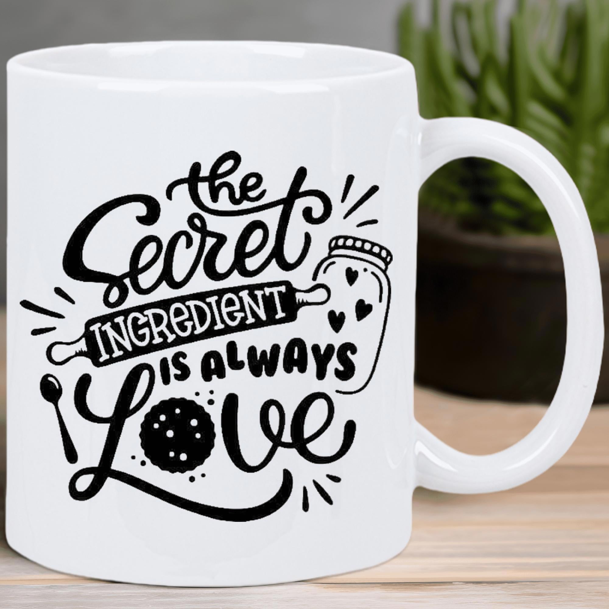 Tailorly White Ceramic 11 oz Mug - The Secret Ingredient Is Always Love Minimalist Baking Theme Featuring A Rolling Pin Spoon And Cookie Jar Mug