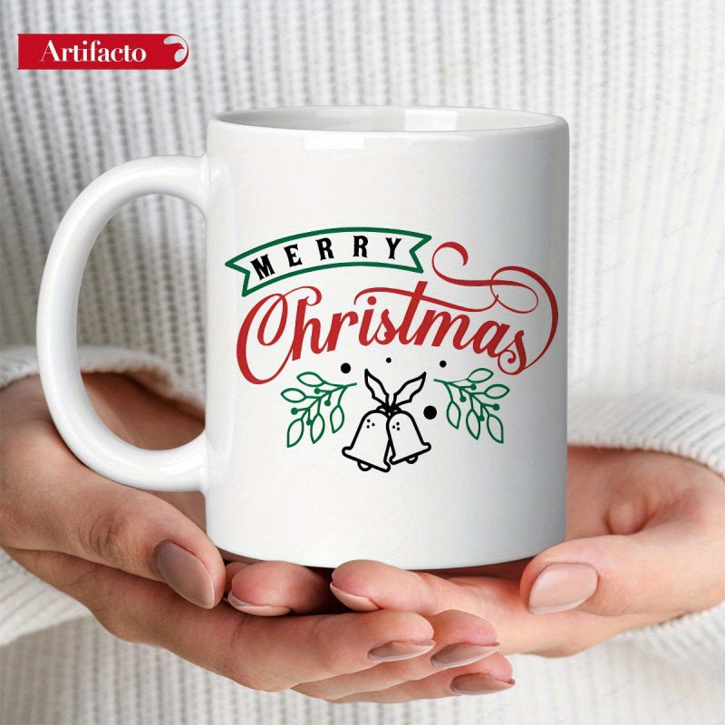 Tailorly White Ceramic 11 oz Mug - Merry Christmas Festive Green Holly Leaves With Elegant Cursive Script And Jingle Bell