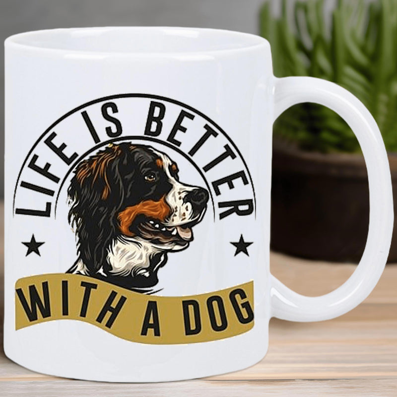 Tailorly White Ceramic 11 oz Mug - Life Is Better With A Dog Majestic Bernese Mountain Dog Framed By Stars And Golden Banner Dog