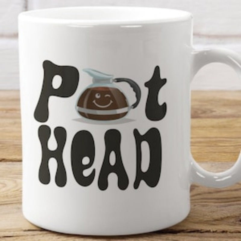 Tailorly White Ceramic 11 oz Mug - Pot Head Smiling Coffee Carafe With Stylized Retro Typography In Bold Black Pot