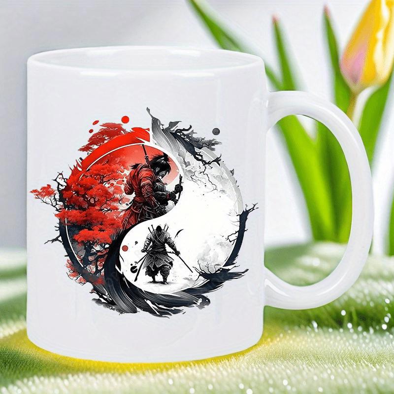 Tailorly White Ceramic 11 oz Mug - Artistic Ink Wash Yin Yang Symbol With Ronin Warriors And Red Trees Samurai