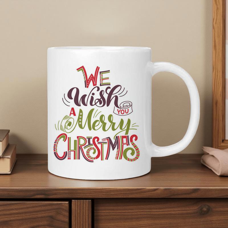 Tailorly White Ceramic 11 oz Mug - We Wish A Merry Christmas And You Festive Holiday Greeting Typography Arranged Into A Colorful Christmas Tree