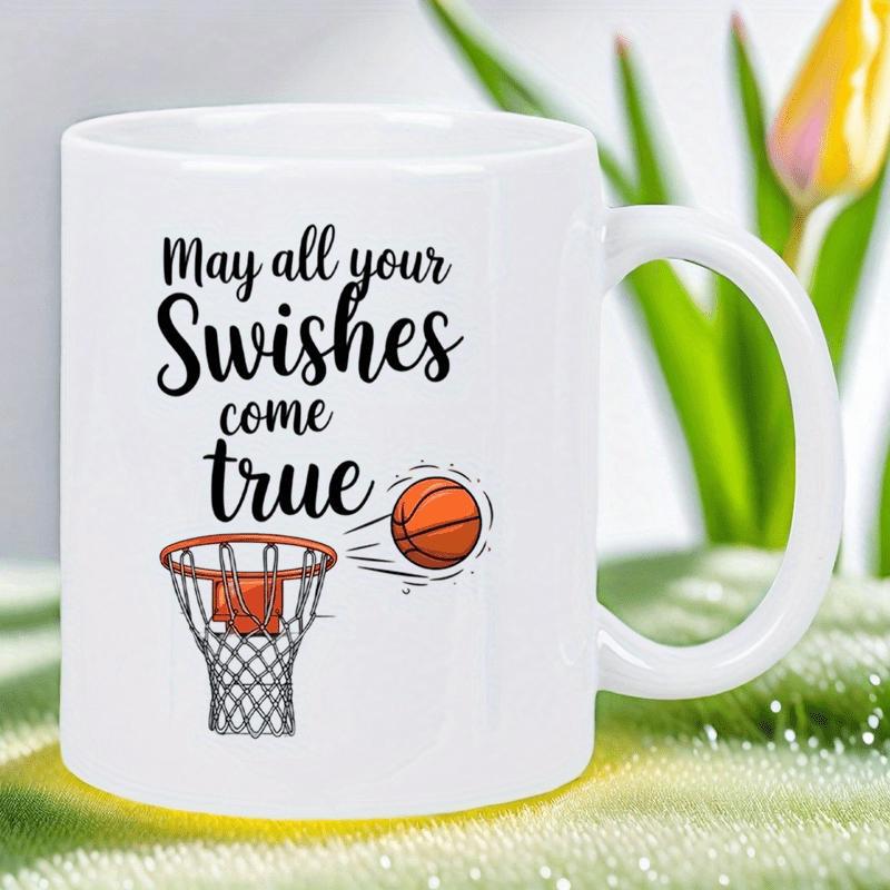 Tailorly White Ceramic 11 oz Mug - May All Your Swishes Come True Spinning Orange Sports Ball Entering Classic Net Hoop Basketball