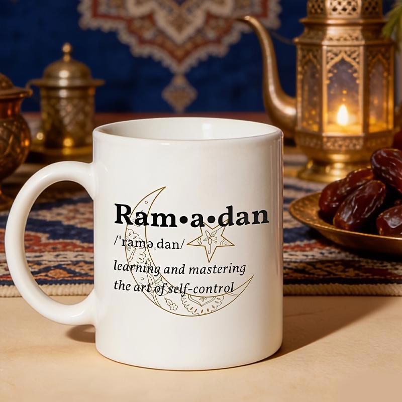 Tailorly White Ceramic 11 oz Mug - Ramadan Learning And Mastering The Art Of Self Control Intricate Traditional Islamic Crescent With Geometric Patterned Star Moon