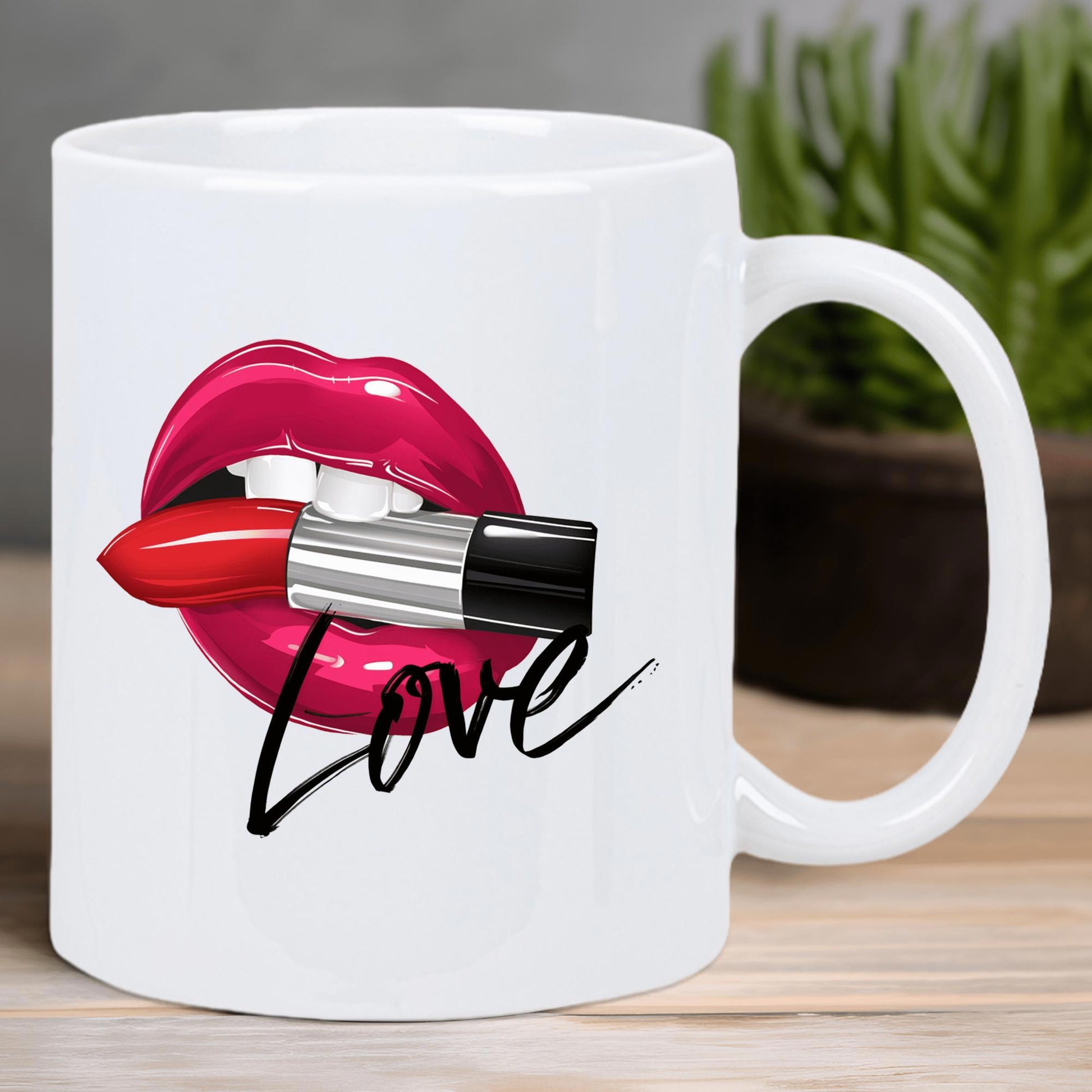 Tailorly White Ceramic 11 oz Mug - Love Stylish Glossy Red Lips Holding A Vibrant Cosmetic Makeup Lipstick