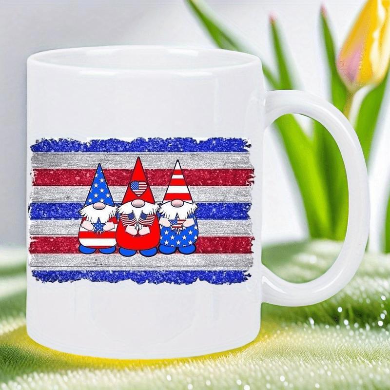 Tailorly White Ceramic 11 oz Mug - Patriotic Gnomes With American Flag Elements Among Glittery Red White Blue Stripes Gnome