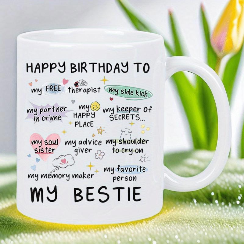 Tailorly White Ceramic 11 oz Mug - Happy Birthday To My Bestie Minimalist Ceramic Cup Decorated With Colorful Small Hearts And Stars Mug