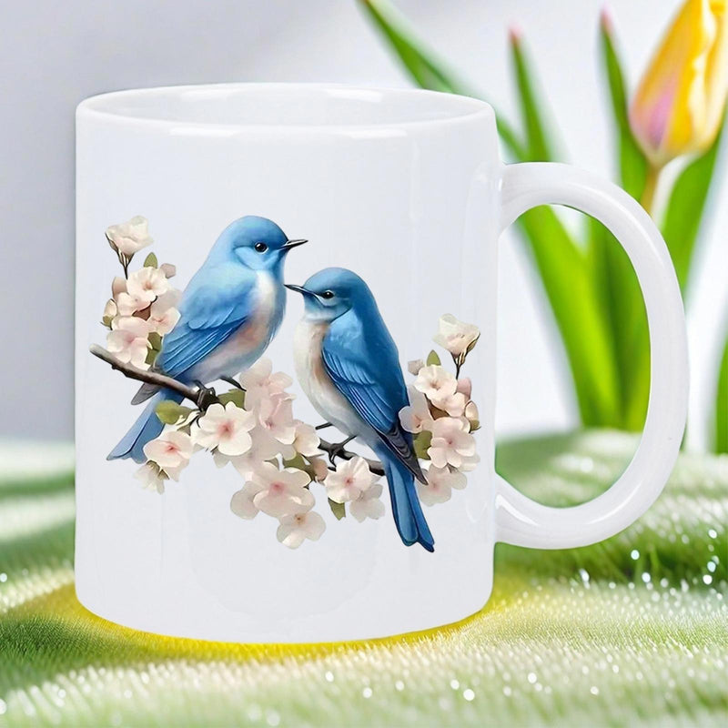 Tailorly White Ceramic 11 oz Mug - Two Elegant Blue Birds Perched Among Delicate Pink Spring Cherry Blossoms Bluebird