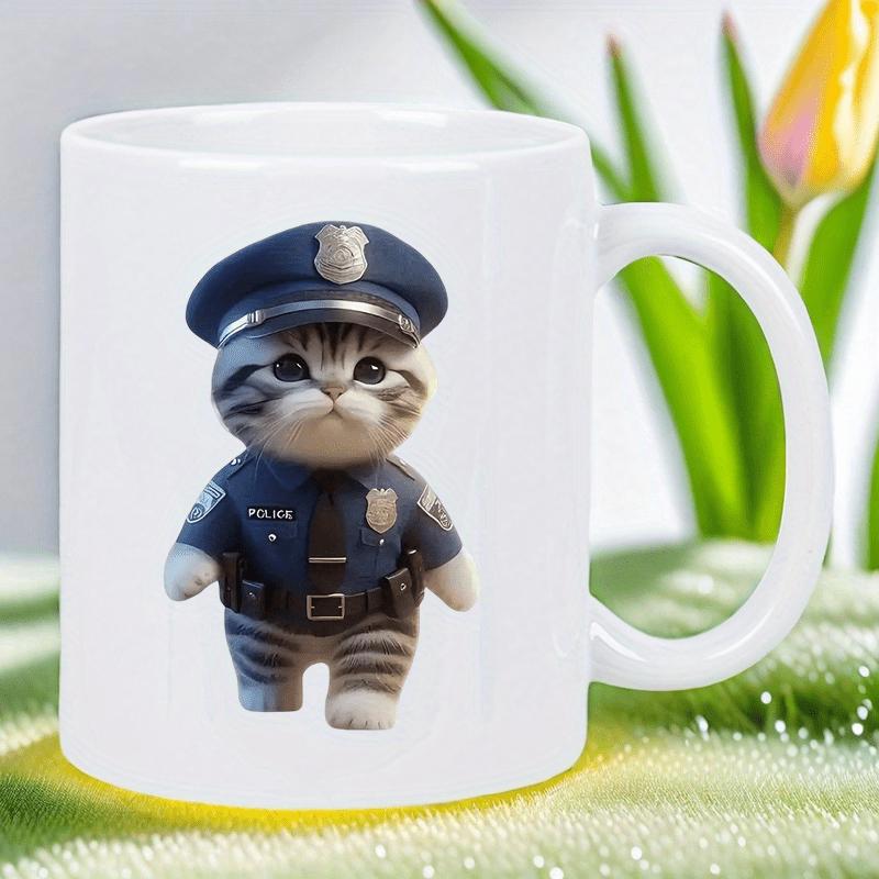 Tailorly White Ceramic 11 oz Mug - Police Small Tabby Kitten Wearing Detailed Blue Police Uniform With Miniature Shield Badge Cat