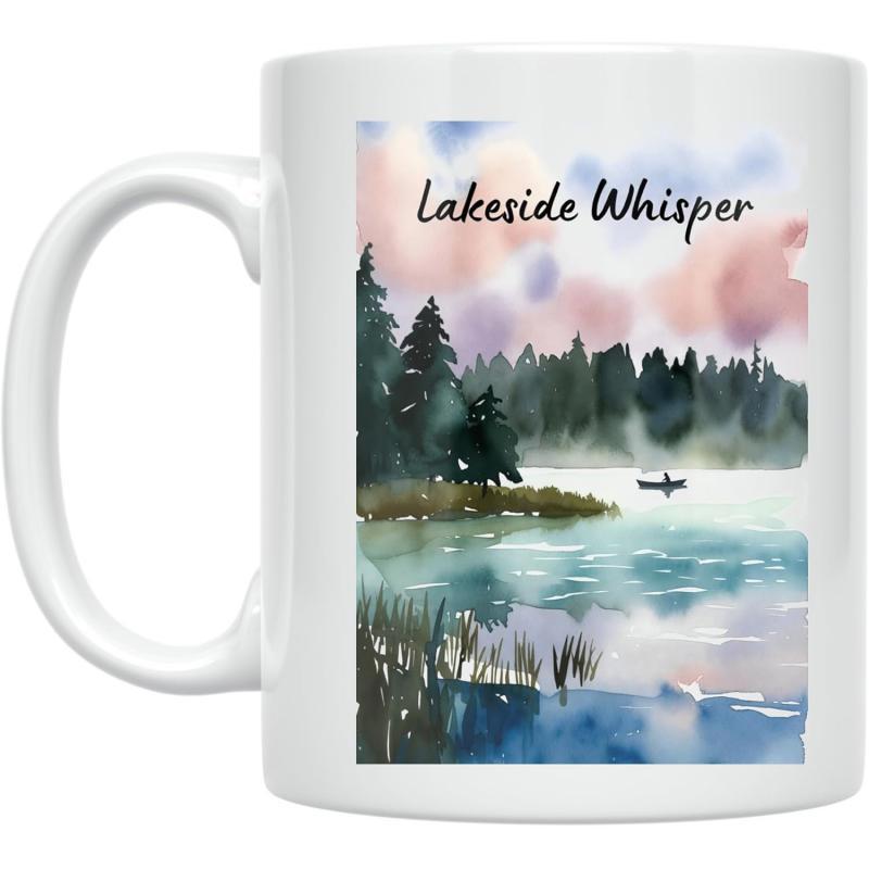 Tailorly White Ceramic 11 oz Mug - Lakeside Whisper Serene Watercolor Scene With Misty Forest And Small Boat Floating On Calm Lake