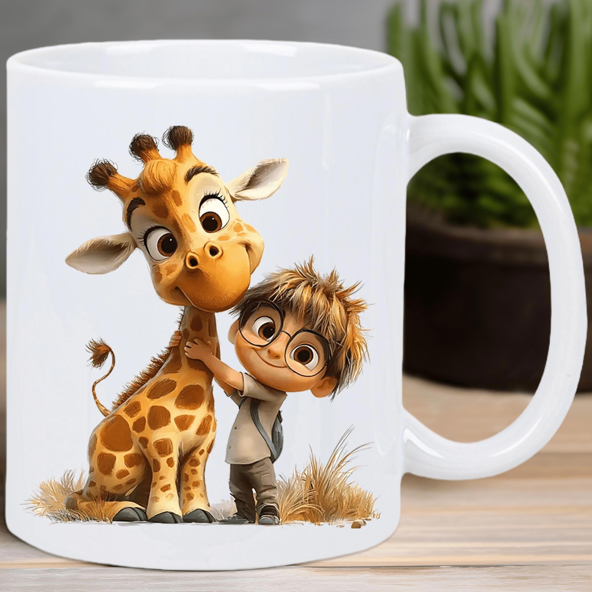 Tailorly White Ceramic 11 oz Mug - Cute Little Boy Embracing A Small Baby Spotted Animal On Soft Grass Giraffe