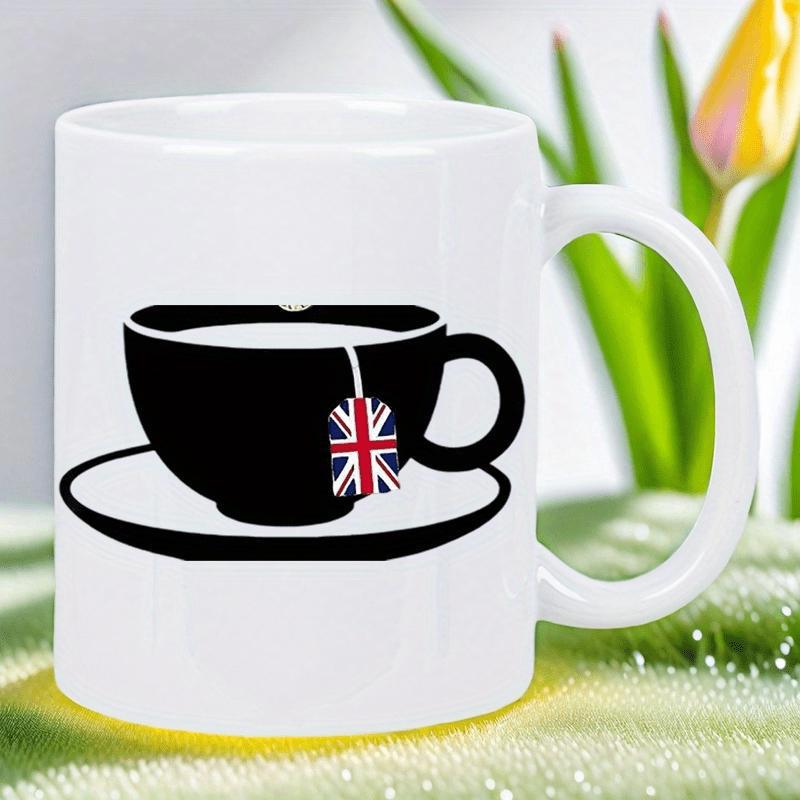 Tailorly White Ceramic 11 oz Mug - Minimalist Black Silhouette Teacup With Union Jack Tea Bag Tag Teacup