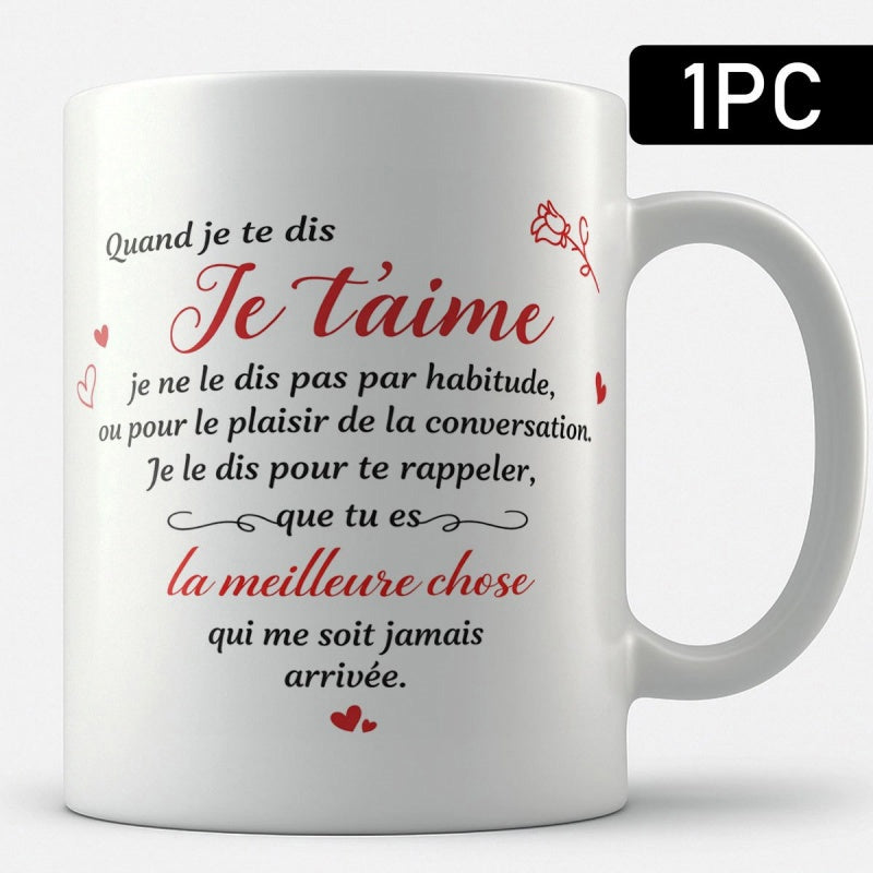 Tailorly White Ceramic 11 oz Mug - Romantic French Poetry Script With Decorative Roses And Delicate Red Heart