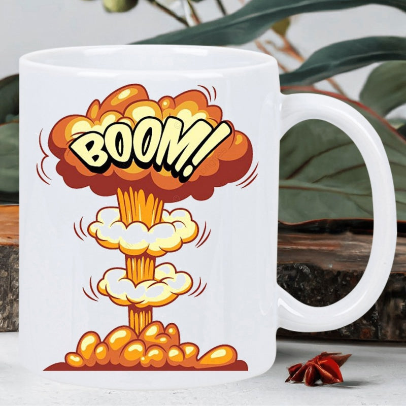 Tailorly White Ceramic 11 oz Mug - Boom Vibrant Comic Style Orange Mushroom Cloud Emerging From Ground Explosion