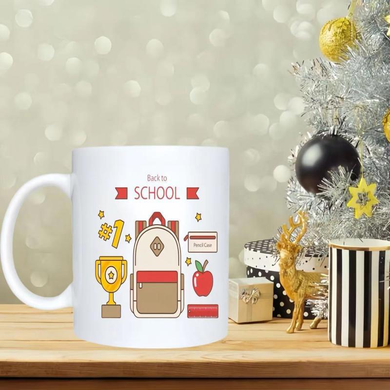 Tailorly White Ceramic 11 oz Mug - Back To School Featuring School Supplies With A Trophy And Red Apple Among Stars Backpack