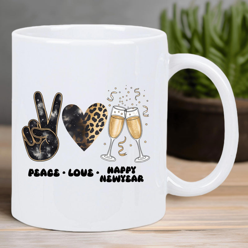 Tailorly White Ceramic 11 oz Mug - Peace Love Happy New Year Festive Peace Sign With Leopard Heart And Clinking Champagne Flutes Celebration