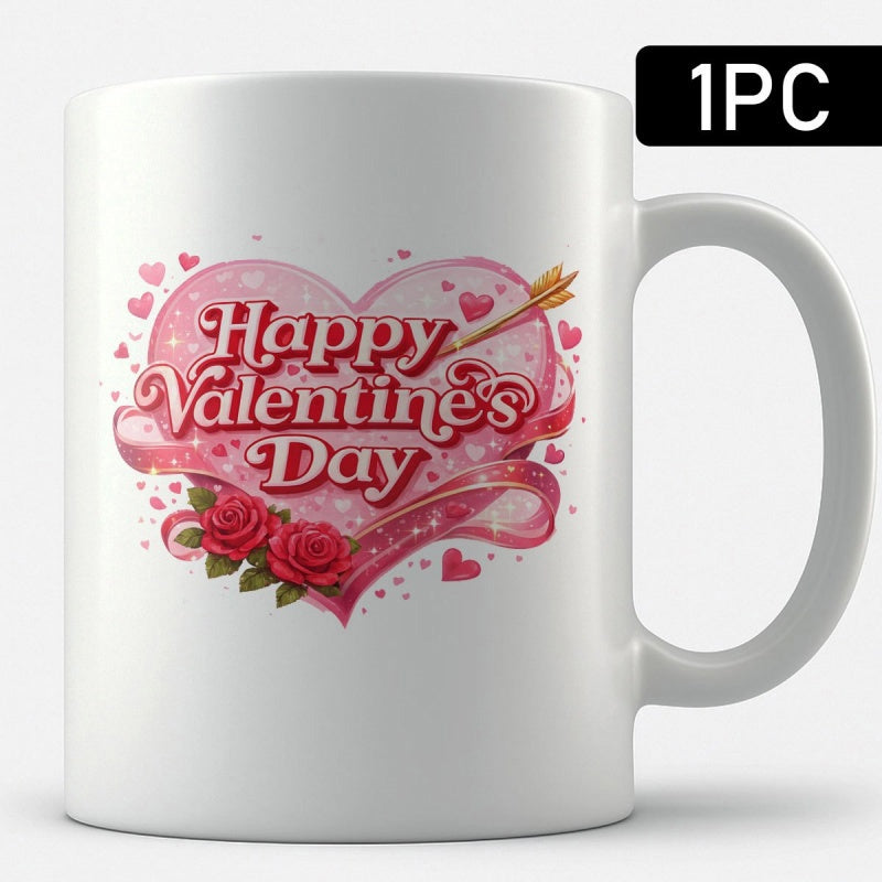 Tailorly White Ceramic 11 oz Mug - Happy Valentine's Day Pink Romantic Heart With Golden Arrow And Elegant Red Roses Heart