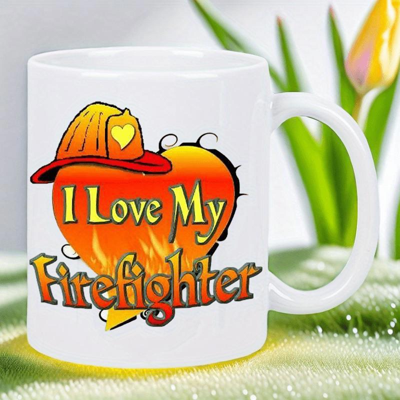 Tailorly White Ceramic 11 oz Mug - I Love My Firefighter Vibrant Red Heart With Flames Sitting Under A Protective Yellow Helmet
