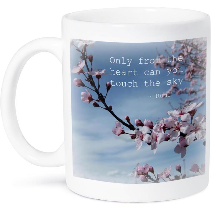 Tailorly White Ceramic 11 oz Mug - Only From The Heart Can You Touch The Sky Soft Pink Cherry Blossoms Swaying Under A Serene Blue Sky Cherry Blossom
