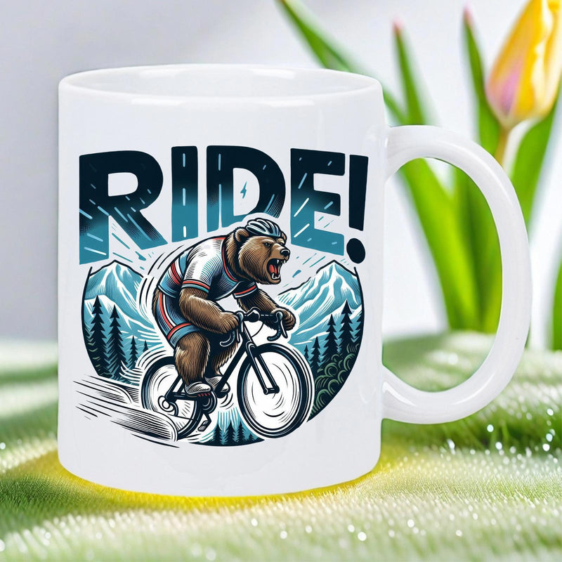 Tailorly White Ceramic 11 oz Mug - Ride Powerful Brown Bear Cycling Fast Through Scenic Mountain Landscape Bear