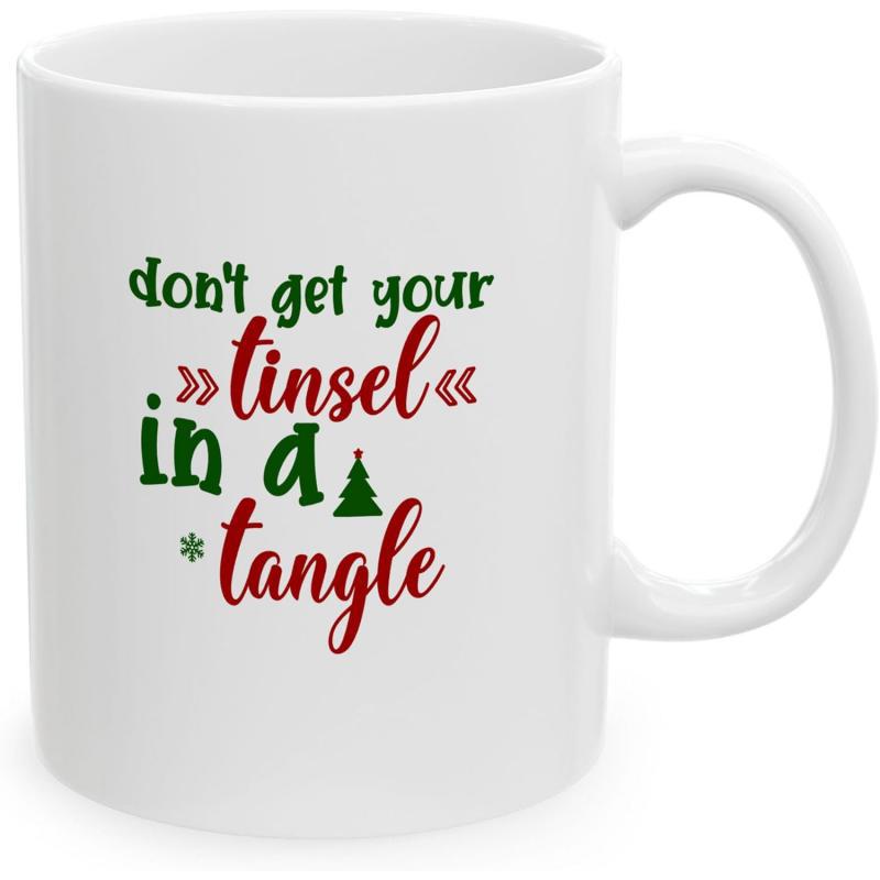 Tailorly White Ceramic 11 oz Mug - Don't Get Your Tinsel In A Tangle Festive Holiday Message Featuring A Small Green Tree And Decorative Script Mug