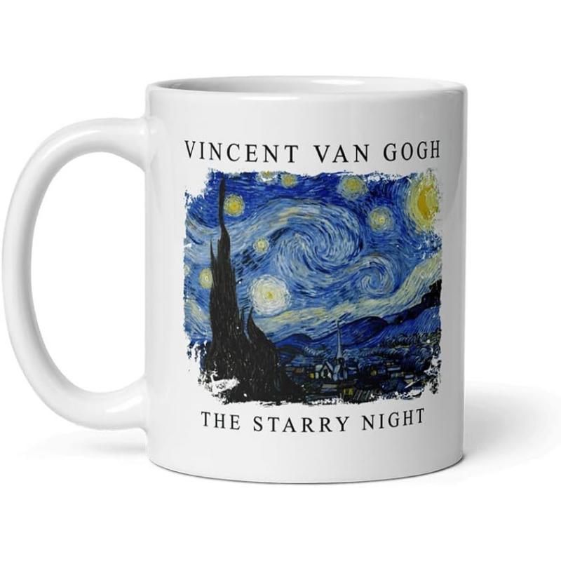 Tailorly White Ceramic 11 oz Mug - Vincent Van Gogh The Starry Night Swirling Blue Night Sky With Glowing Yellow Moon And Stars Painting