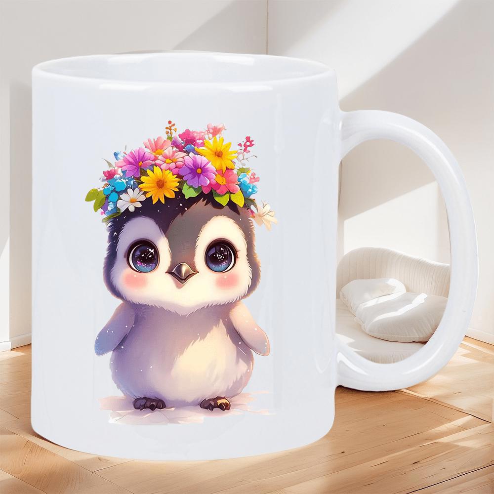 Tailorly White Ceramic 11 oz Mug - Adorable Little Penguin Wearing A Vibrant Crown Of Colorful Blooming Flowers Penguin