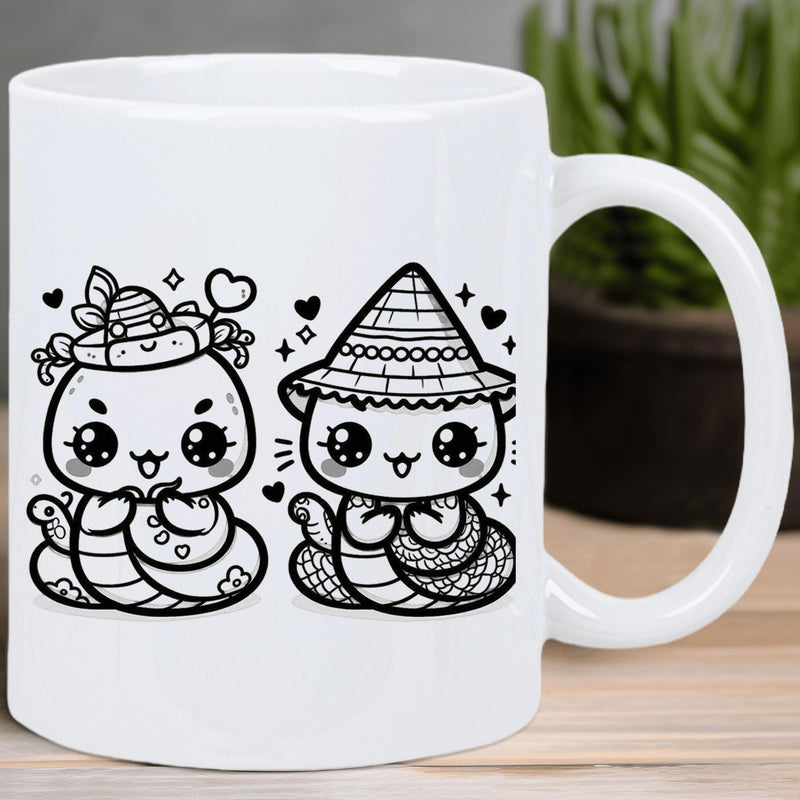 Tailorly White Ceramic 11 oz Mug - Adorable Kawaii Coiled Cartoon Reptiles Wearing Small Hats Among Hearts Snake